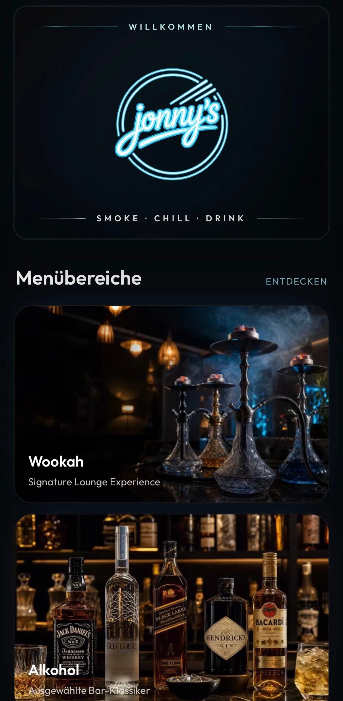 Digitale QR-Speisekarte von Jonnys Lounge am Smartphone, im Markenlook des Lokals