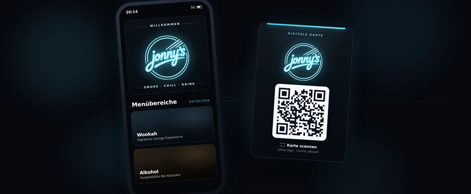 Digitale QR-Karte von Jonnys Lounge am Smartphone, daneben der QR-Aufsteller für den Tisch
