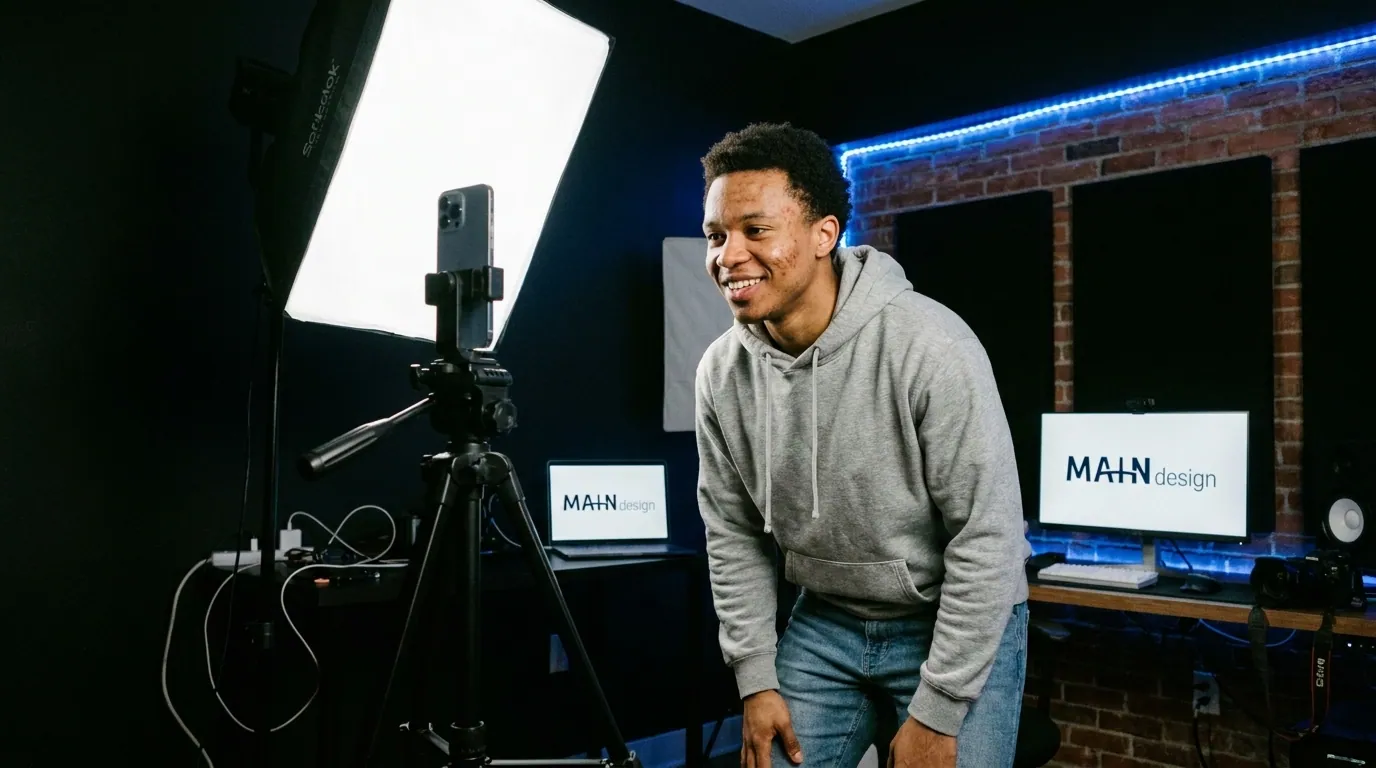 Content-Creator beim Reel-Dreh im Studio mit Main-Design-Branding