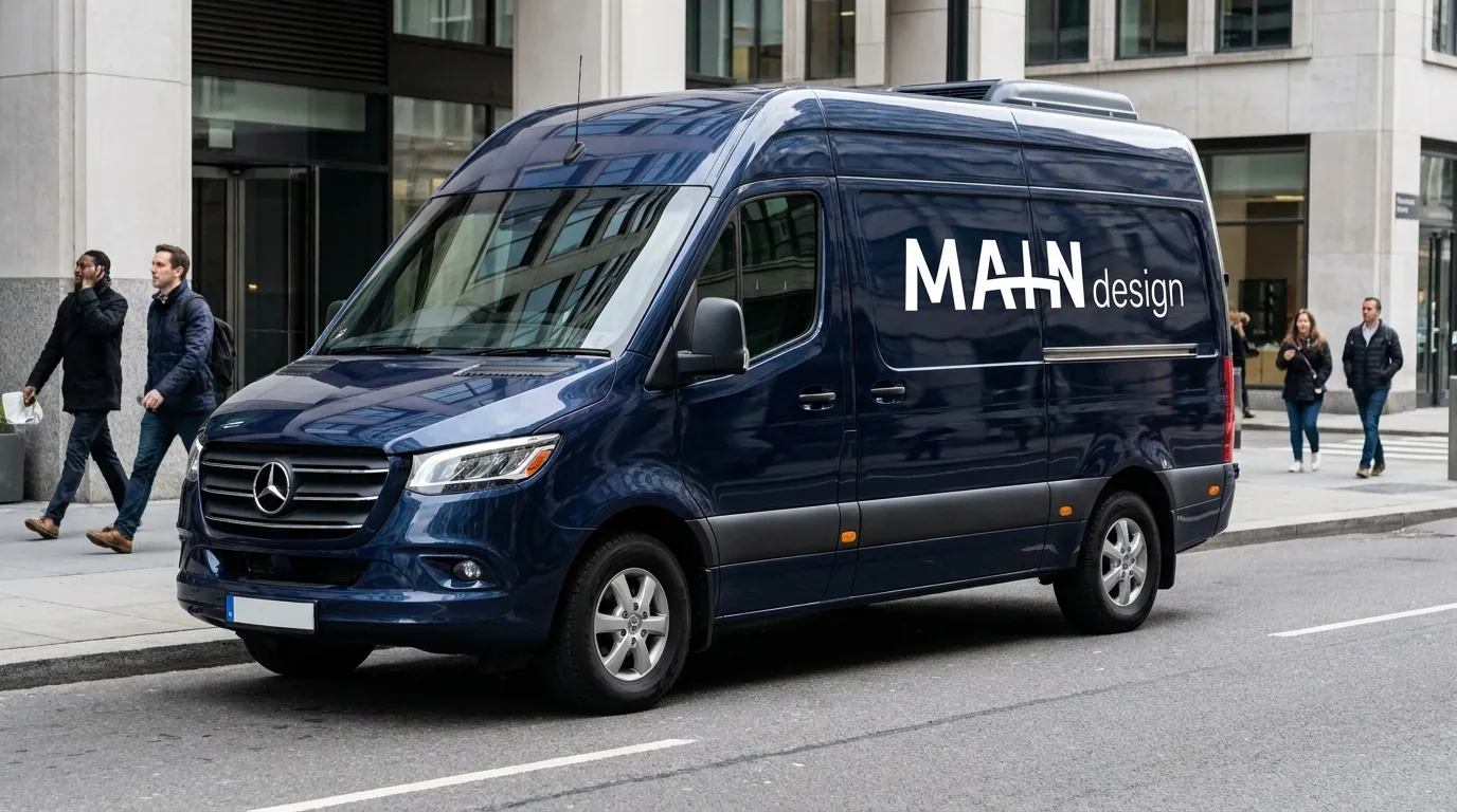 Transporter mit Main-Design-Logo-Folierung auf der Straße