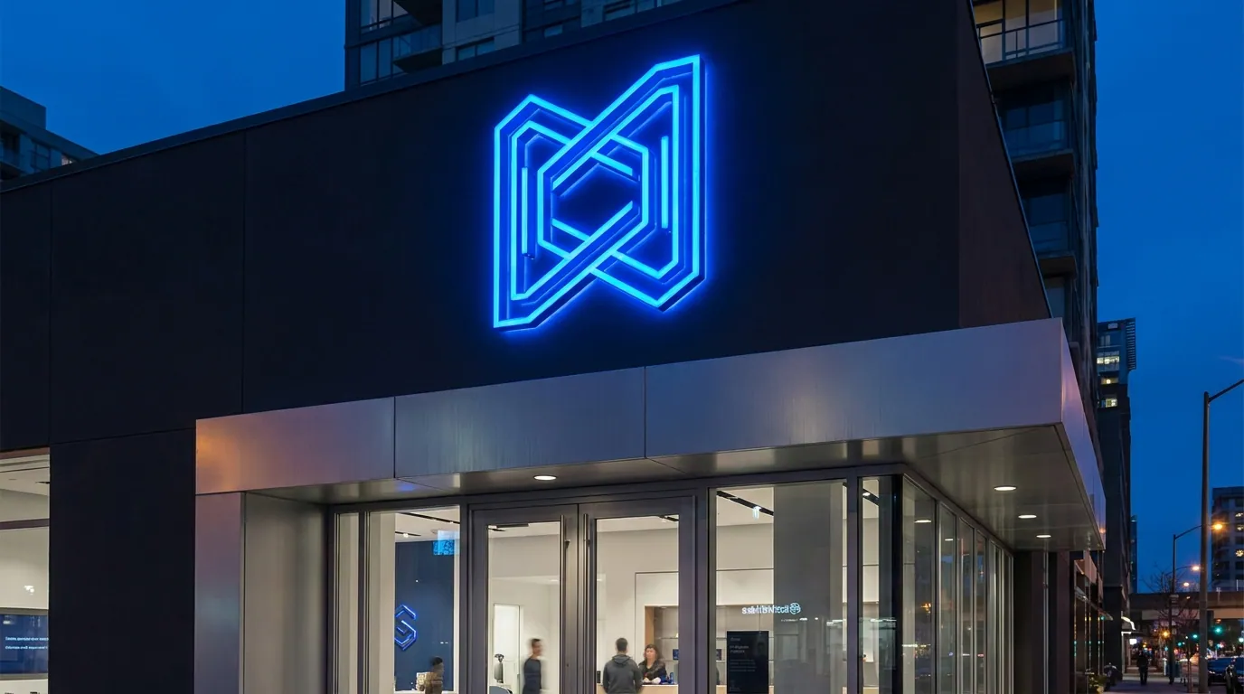Leuchtendes LED-Außenschild an einer modernen Fassade