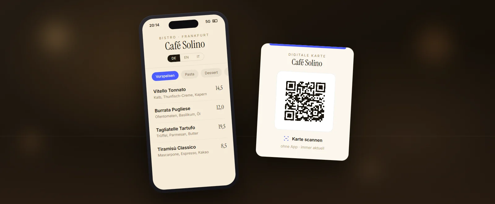 Digitale QR-Speisekarte auf dem Smartphone mit QR-Aufsteller am Tisch