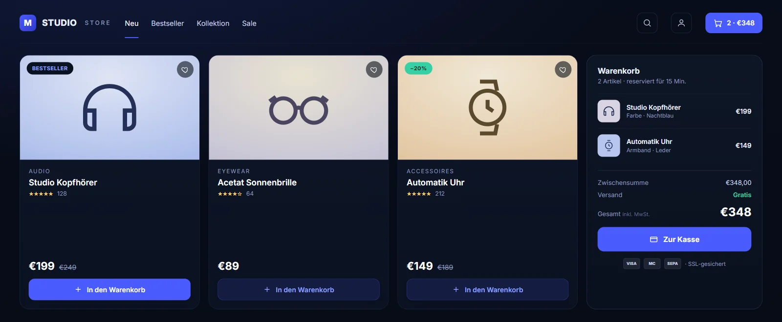 Online-Shop mit Produkten, Preisen, Warenkorb und Checkout